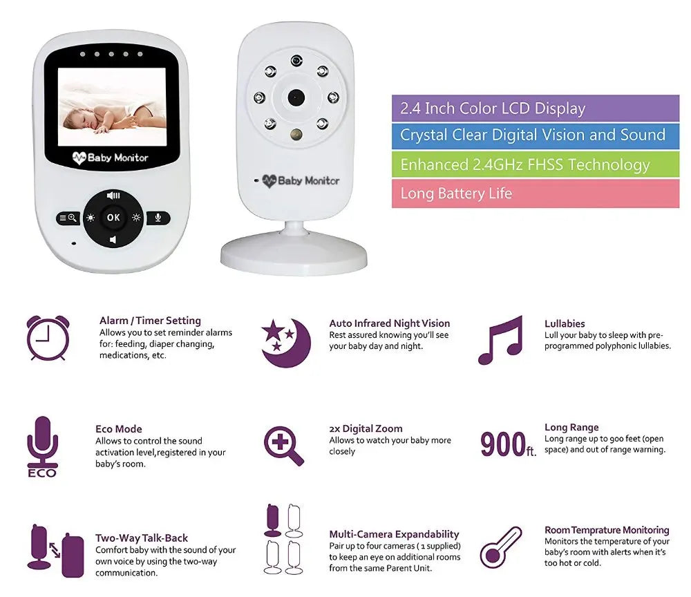 2.4 Inch Wireless Video Baby Monitor High Resolution Baby Nanny Security Camera Night Vision Temperature Monitoring Babyphone