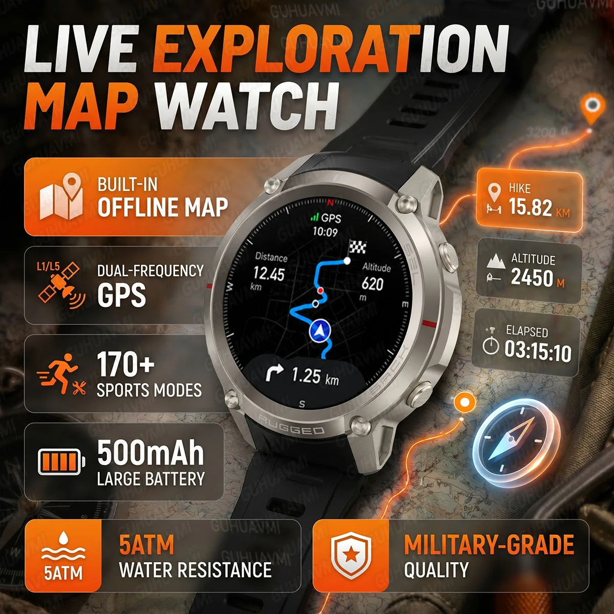 2026 New Rugged GPS Smart Watch 1.43 AMOLED HD Touch Screen 5ATM Waterproof Compass Barometer Altitude Offline Map Fitness Watch