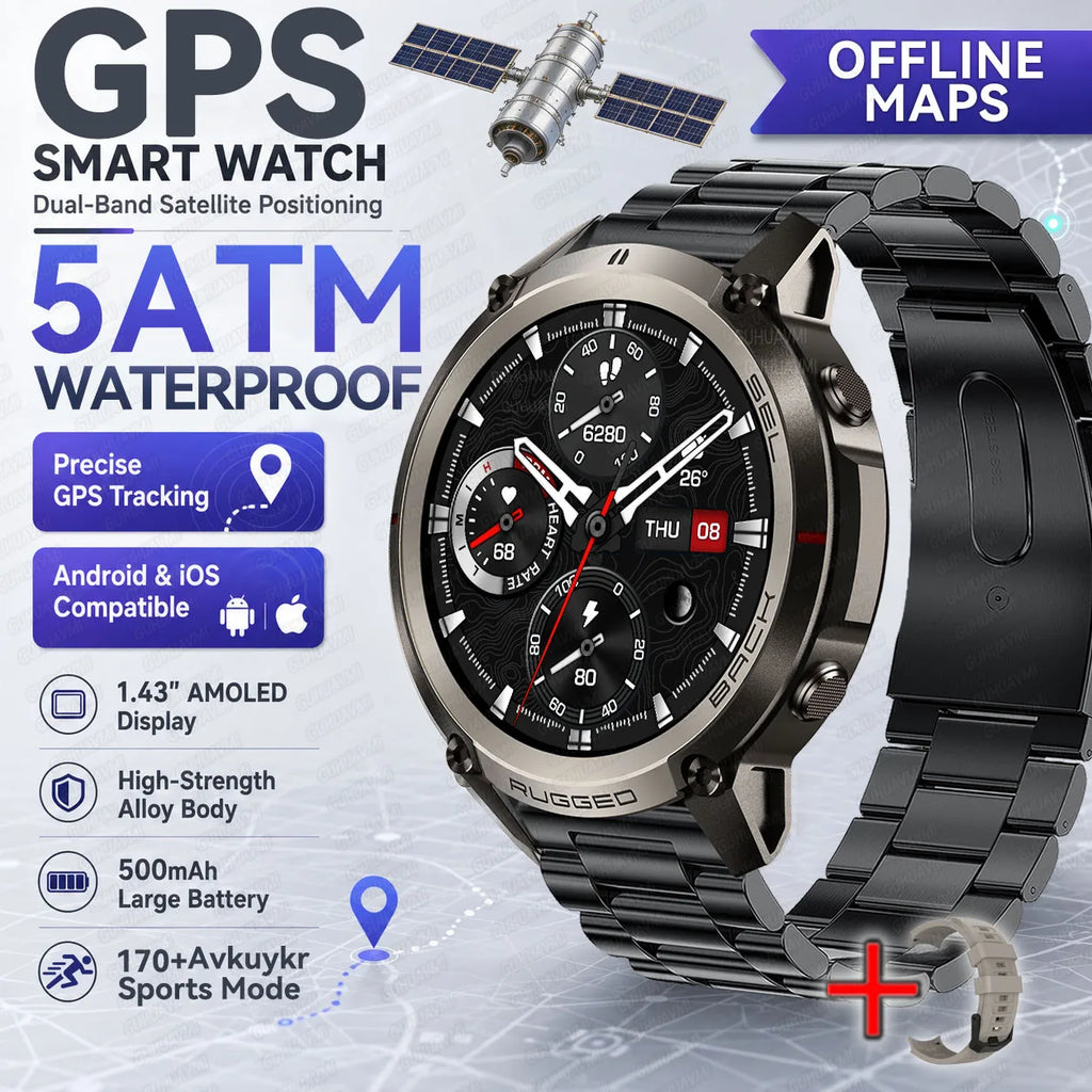 2026 New Rugged GPS Smart Watch 1.43 AMOLED HD Touch Screen 5ATM Waterproof Compass Barometer Altitude Offline Map Fitness Watch