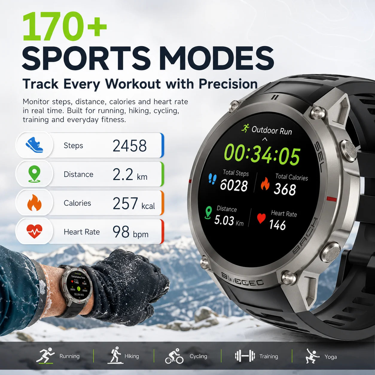 2026 New Rugged GPS Smart Watch 1.43 AMOLED HD Touch Screen 5ATM Waterproof Compass Barometer Altitude Offline Map Fitness Watch