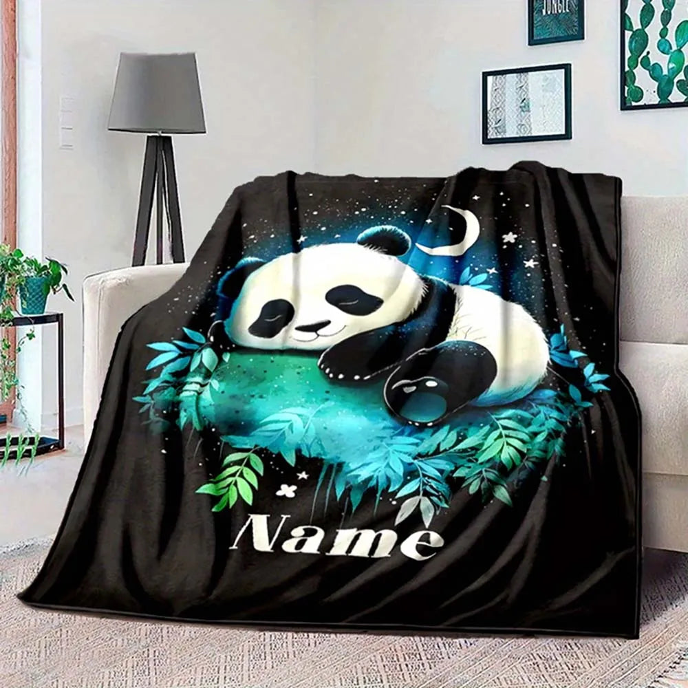 1pc Customized Cute Sleeping Panda Night Sky Fleece Blanket Personalized Name Blanket for Kids Adults Home Bedroom Decor