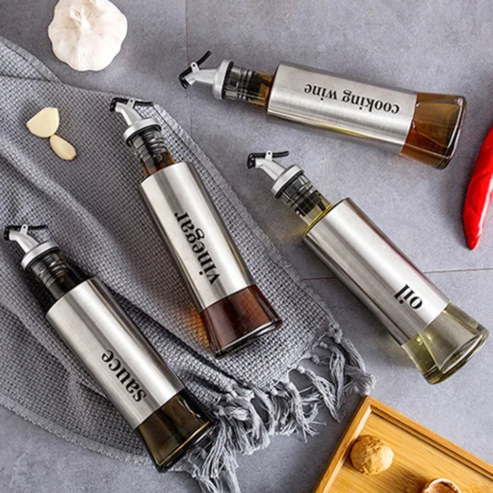 Stainless Steel Oil Bottle No-drip Bottles Soy Cruet Sauce Vinegar Condiment Dispenser Sturdy Seasoning Jars Kitchen Accessories