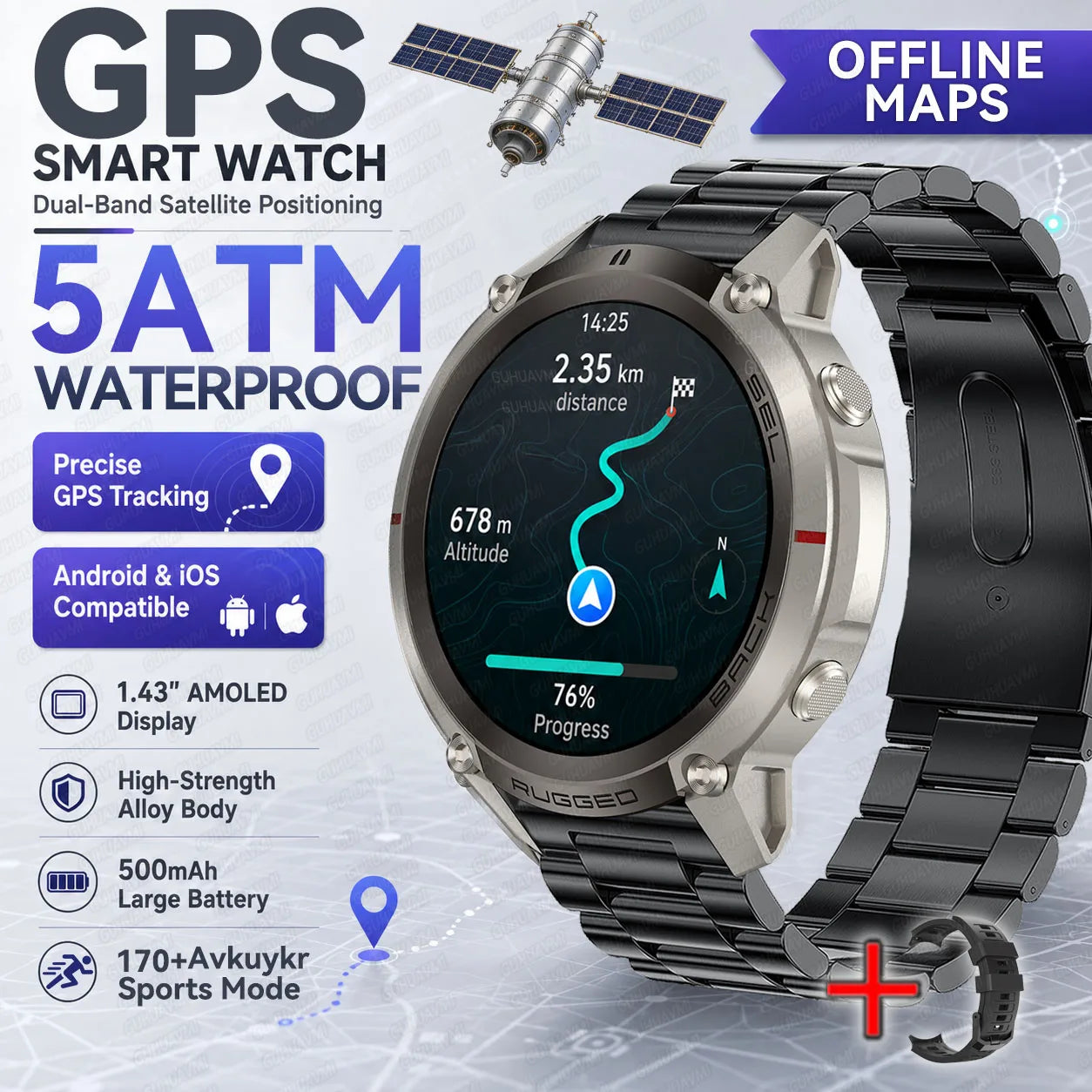 2026 New Rugged GPS Smart Watch 1.43 AMOLED HD Touch Screen 5ATM Waterproof Compass Barometer Altitude Offline Map Fitness Watch