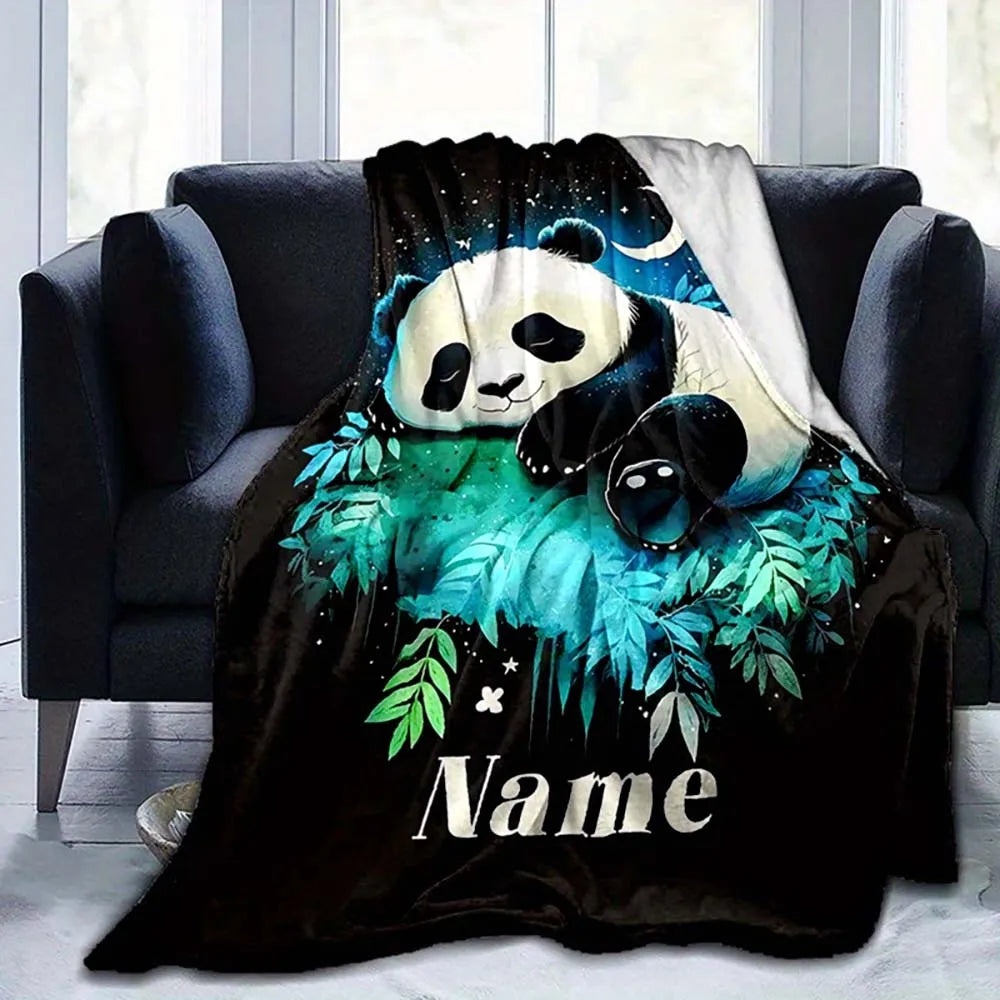 1pc Customized Cute Sleeping Panda Night Sky Fleece Blanket Personalized Name Blanket for Kids Adults Home Bedroom Decor