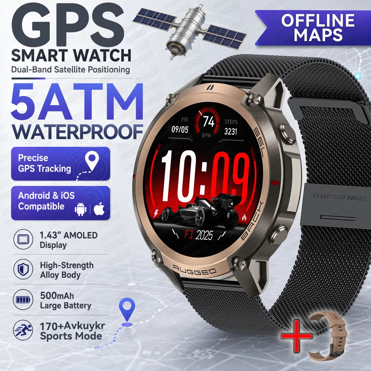 2026 New Rugged GPS Smart Watch 1.43 AMOLED HD Touch Screen 5ATM Waterproof Compass Barometer Altitude Offline Map Fitness Watch