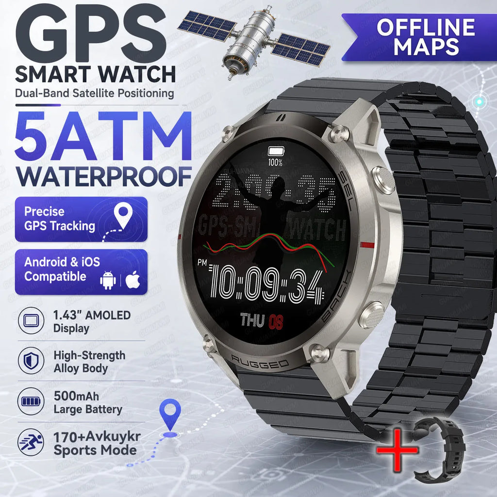 2026 New Rugged GPS Smart Watch 1.43 AMOLED HD Touch Screen 5ATM Waterproof Compass Barometer Altitude Offline Map Fitness Watch