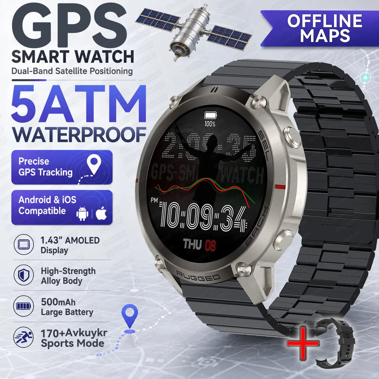 2026 New Rugged GPS Smart Watch 1.43 AMOLED HD Touch Screen 5ATM Waterproof Compass Barometer Altitude Offline Map Fitness Watch