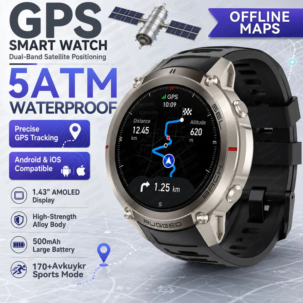 2026 New Rugged GPS Smart Watch 1.43 AMOLED HD Touch Screen 5ATM Waterproof Compass Barometer Altitude Offline Map Fitness Watch