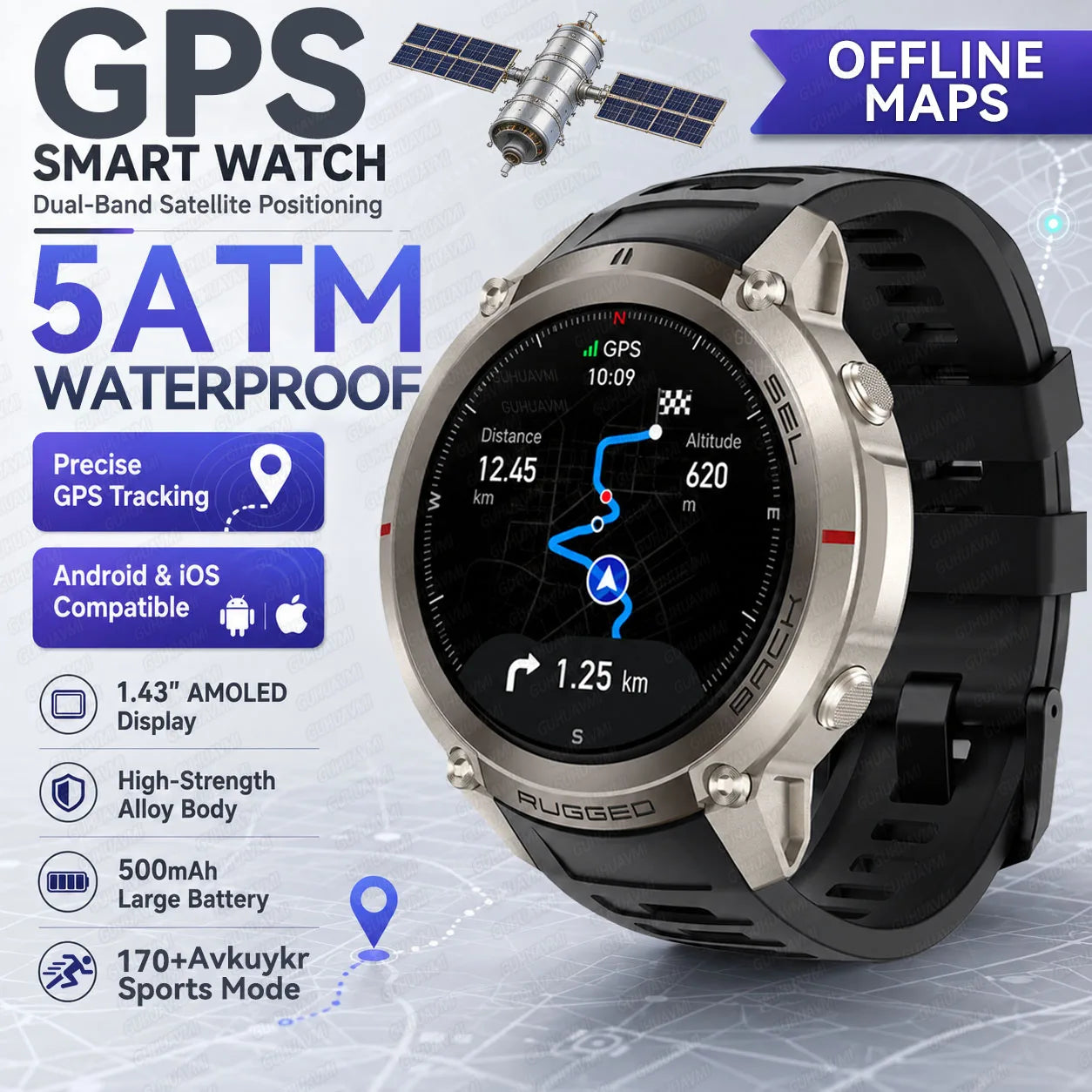 2026 New Rugged GPS Smart Watch 1.43 AMOLED HD Touch Screen 5ATM Waterproof Compass Barometer Altitude Offline Map Fitness Watch