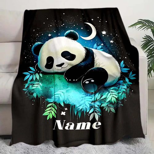 1pc Customized Cute Sleeping Panda Night Sky Fleece Blanket Personalized Name Blanket for Kids Adults Home Bedroom Decor