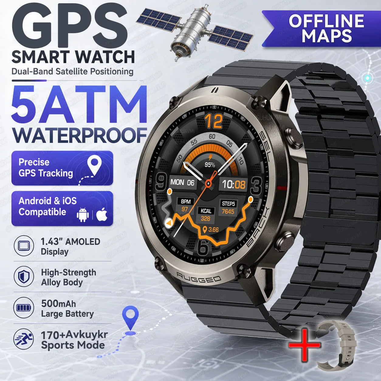 2026 New Rugged GPS Smart Watch 1.43 AMOLED HD Touch Screen 5ATM Waterproof Compass Barometer Altitude Offline Map Fitness Watch
