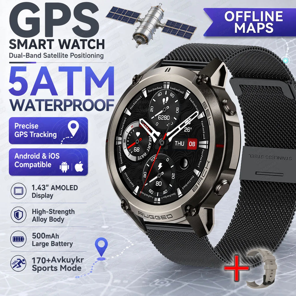 2026 New Rugged GPS Smart Watch 1.43 AMOLED HD Touch Screen 5ATM Waterproof Compass Barometer Altitude Offline Map Fitness Watch