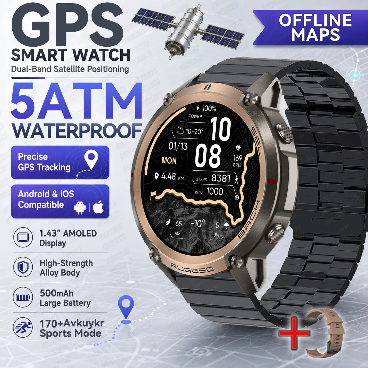 2026 New Rugged GPS Smart Watch 1.43 AMOLED HD Touch Screen 5ATM Waterproof Compass Barometer Altitude Offline Map Fitness Watch