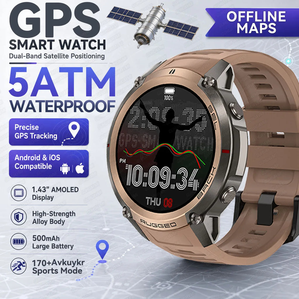 2026 New Rugged GPS Smart Watch 1.43 AMOLED HD Touch Screen 5ATM Waterproof Compass Barometer Altitude Offline Map Fitness Watch