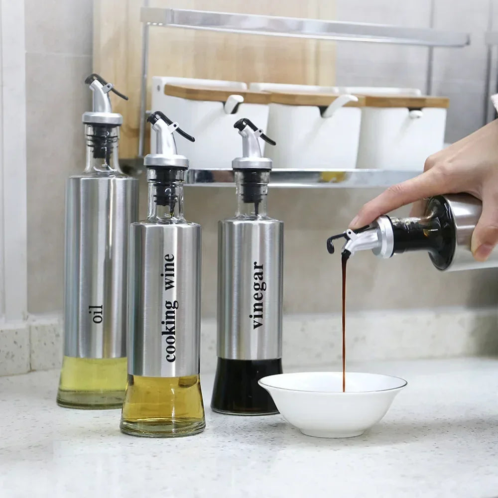 Stainless Steel Oil Bottle No-drip Bottles Soy Cruet Sauce Vinegar Condiment Dispenser Sturdy Seasoning Jars Kitchen Accessories