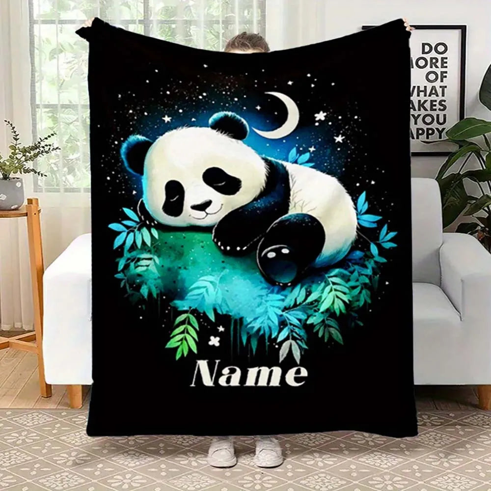 1pc Customized Cute Sleeping Panda Night Sky Fleece Blanket Personalized Name Blanket for Kids Adults Home Bedroom Decor