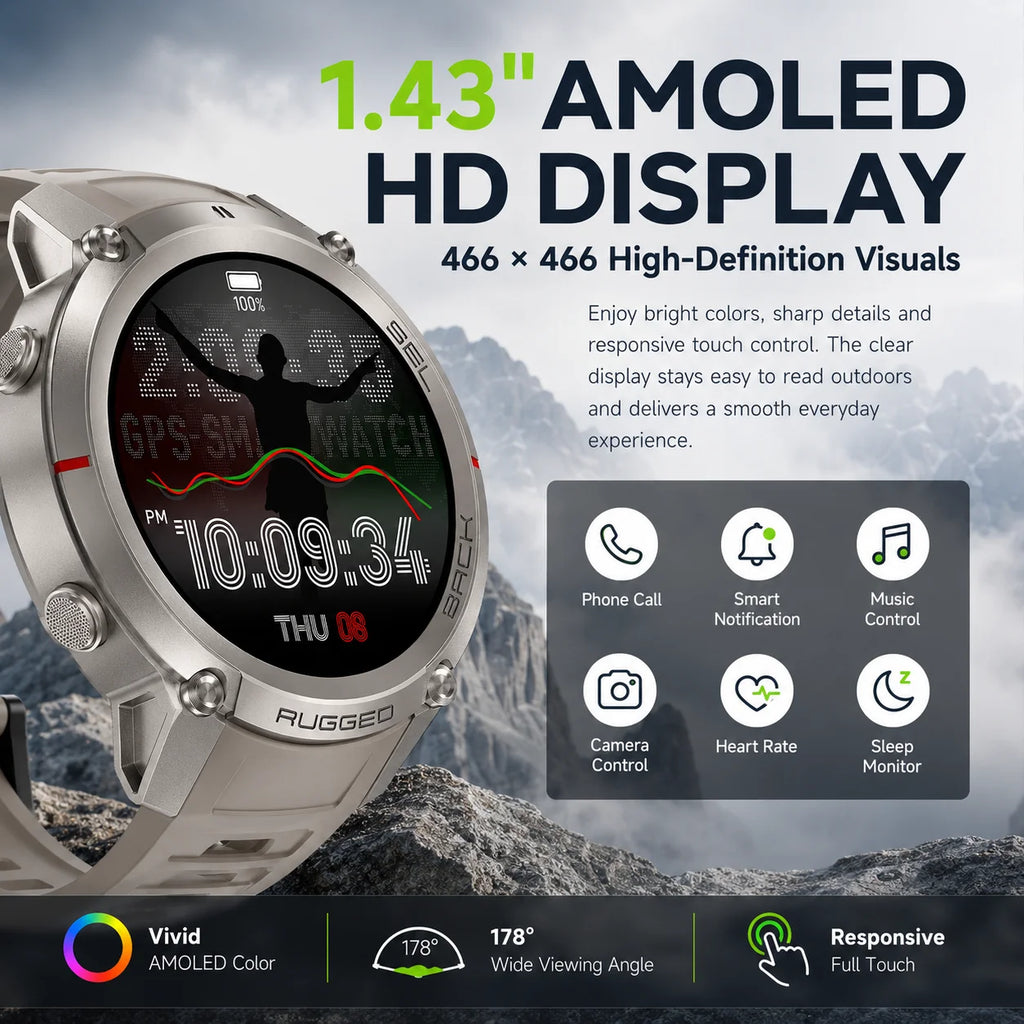 2026 New Rugged GPS Smart Watch 1.43 AMOLED HD Touch Screen 5ATM Waterproof Compass Barometer Altitude Offline Map Fitness Watch
