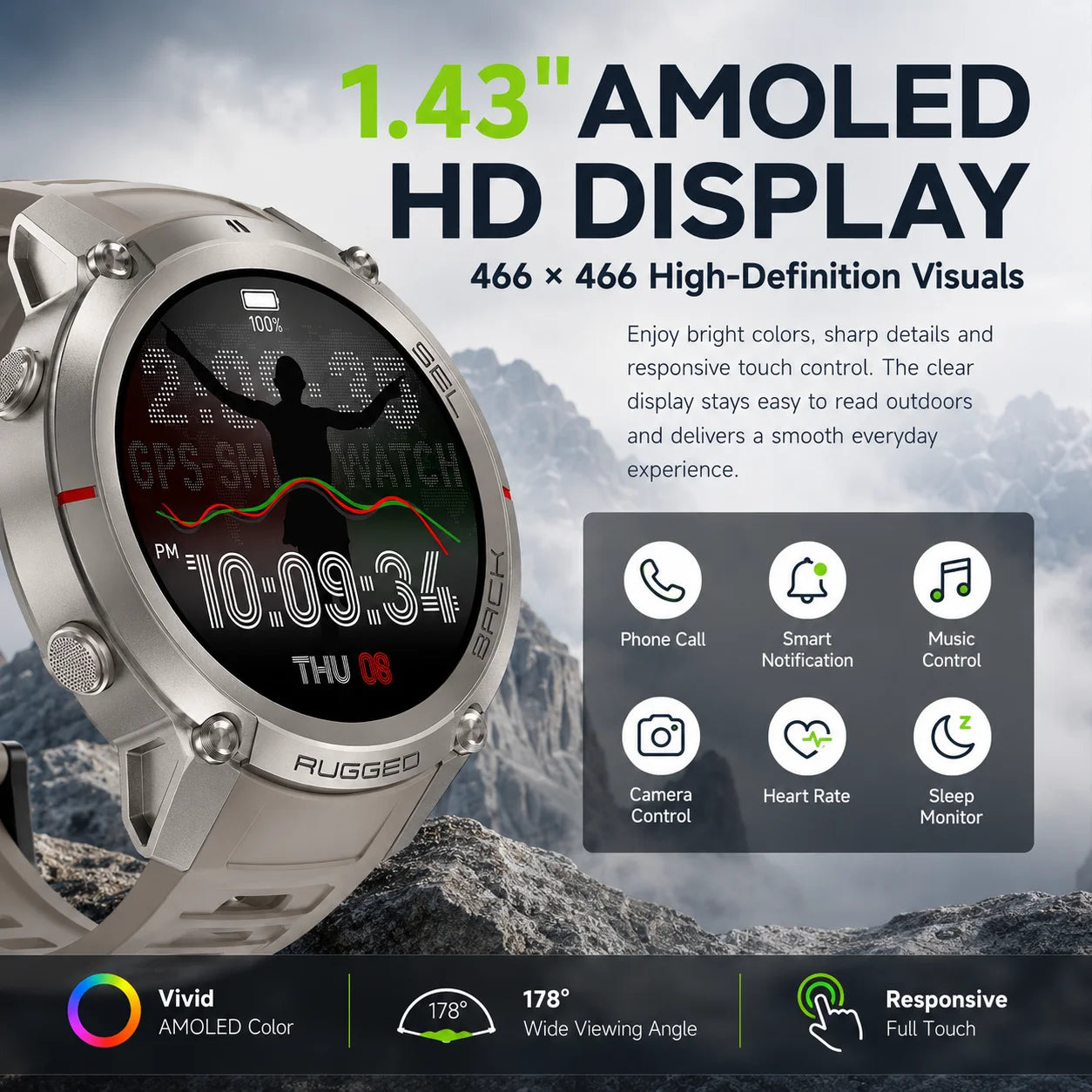 2026 New Rugged GPS Smart Watch 1.43 AMOLED HD Touch Screen 5ATM Waterproof Compass Barometer Altitude Offline Map Fitness Watch