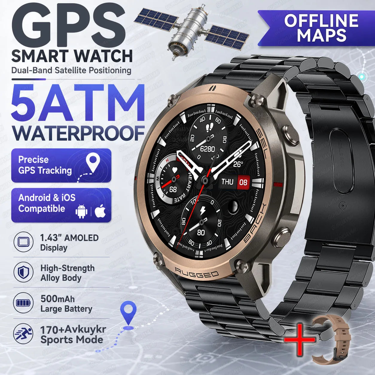 2026 New Rugged GPS Smart Watch 1.43 AMOLED HD Touch Screen 5ATM Waterproof Compass Barometer Altitude Offline Map Fitness Watch