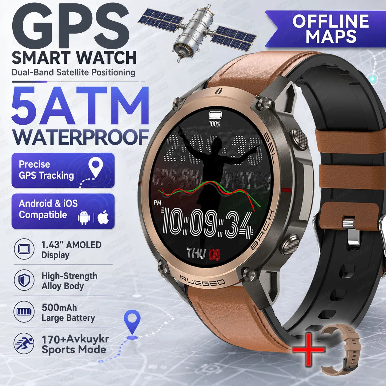2026 New Rugged GPS Smart Watch 1.43 AMOLED HD Touch Screen 5ATM Waterproof Compass Barometer Altitude Offline Map Fitness Watch