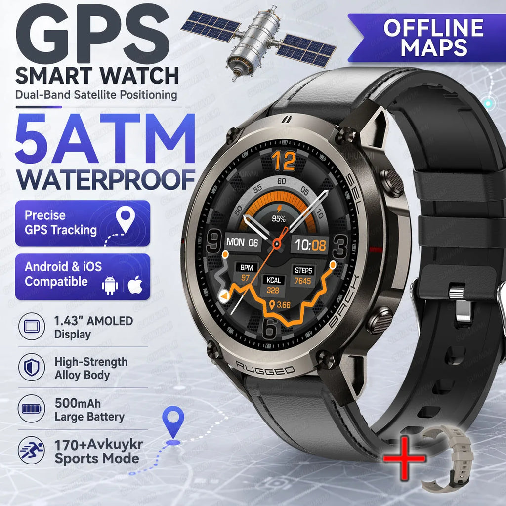 2026 New Rugged GPS Smart Watch 1.43 AMOLED HD Touch Screen 5ATM Waterproof Compass Barometer Altitude Offline Map Fitness Watch