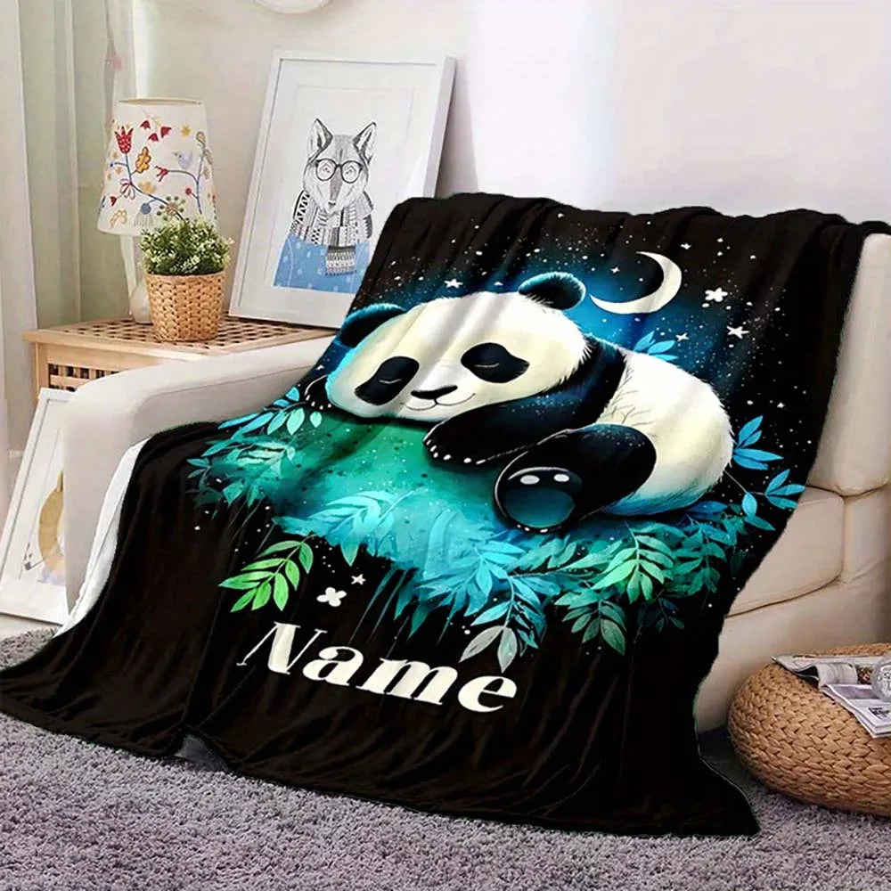 1pc Customized Cute Sleeping Panda Night Sky Fleece Blanket Personalized Name Blanket for Kids Adults Home Bedroom Decor