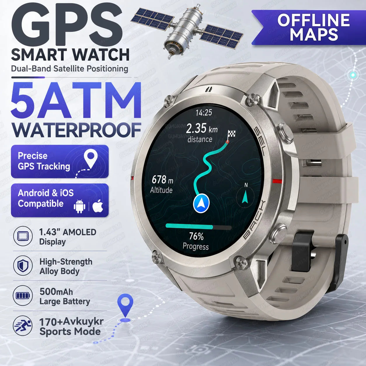 2026 New Rugged GPS Smart Watch 1.43 AMOLED HD Touch Screen 5ATM Waterproof Compass Barometer Altitude Offline Map Fitness Watch