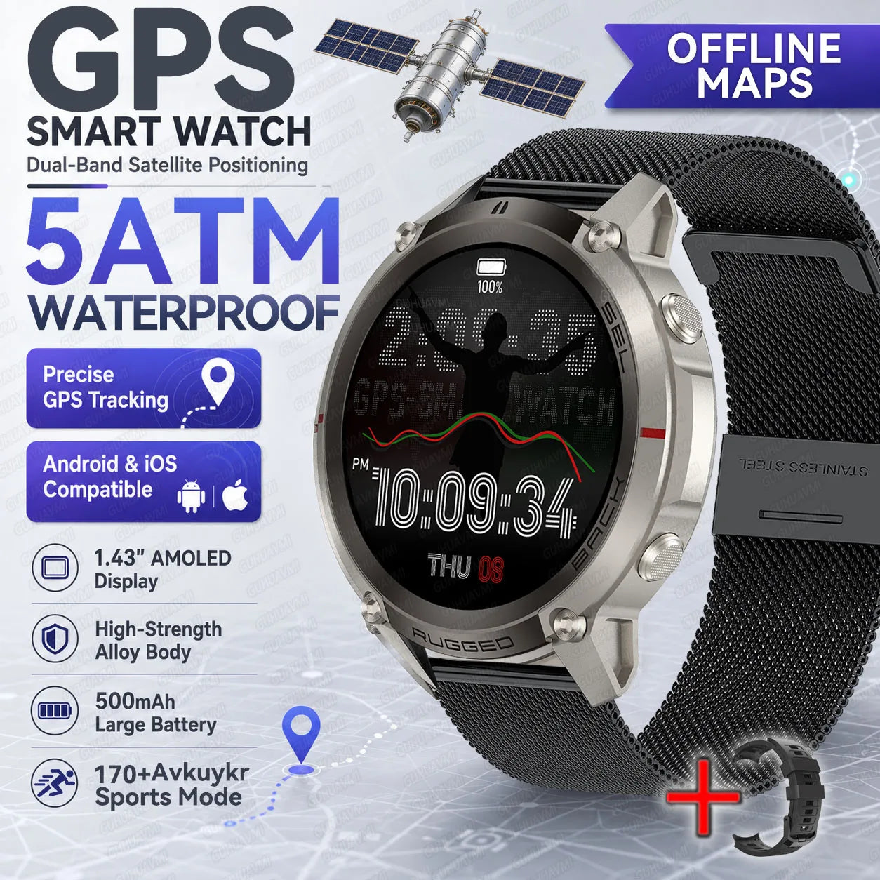 2026 New Rugged GPS Smart Watch 1.43 AMOLED HD Touch Screen 5ATM Waterproof Compass Barometer Altitude Offline Map Fitness Watch